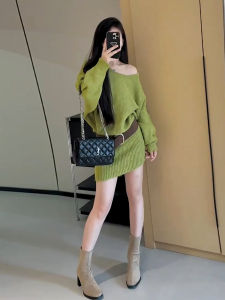French Style Spicy Girl Shoulder Bared Long Sleeve Knitted Dress Womens Loose Casual Pure Desire Bodycon Short Skirt
