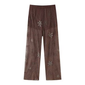 กางเกงแฟชั่นผู้หญิง HH ผ้าซีทรูแต่งเลื่อม สีน้ำตาลวินเทจ เอวยางยืด ทรงตรง เหมาะสำหรับฤดูใบไม้ผลิ ฤดูร้อน วันหยุด และงานปาร์ตี้