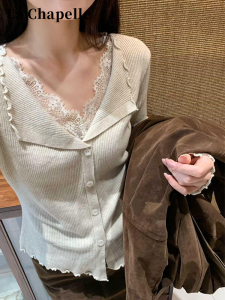 La Chapelle | Áo Sweater Len Có Viền Ren Mềm Phong Cách Pháp Dài Tay Cho Phụ Nữ Mùa Thu Đông