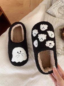 รองเท้าแตะผ้าฝ้ายฤดูหนาวแบบลำลองสำหรับใส่ในบ้านสำหรับคู่รัก รองเท้าแตะขนสัตว์รูปผีสีล้างตา รองเท้าแตะผู้หญิง รองเท้าแตะผู้ชาย รองเท้าแตะบ้านกันลื่น รองเท้าแตะแบบมีหัวเข็มขัด