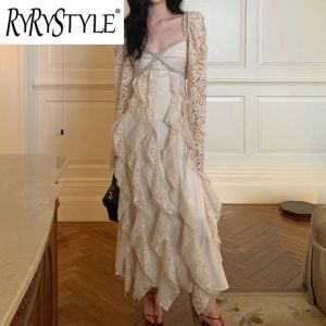 RYRYSTYLE Palace Style Heavy Industry Lace V-Neck Suspended Dress for Women 1474