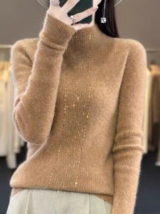 WANGGONGZHU | Fashionable Warm Soft Knitted Base Shirt Womens Autumn Winter Half High Collar Diamond Heat Treatment Sweater Trendy Commute Style