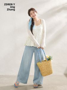 ZHANGDAREN | Bộ Áo Ren Kiểu Hàn Quốc Dài Tinh Tế Giảm Cân và Quần Jeans Cao Waist Plus Size