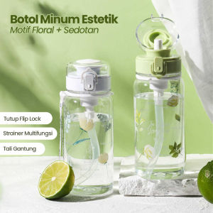 Botol Minum Flip Dengan Sedotan 470ml Motif Motif Floral Aestetic Transparant Minum Plastik BPA FREE/ YH-8046