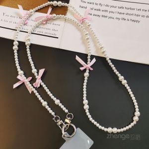 Long Fashion Pearl Chain Scarf Butterfly Knot Mobile Phone Lanyard Crossbody Universal Clip-on Pendant High Quality Craftsmanship