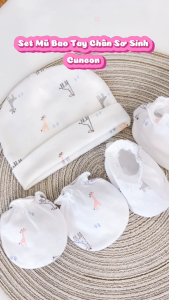 Set Mũ Bao Tay Bao Chân Sơ Sinh Cotton Họa Tiết CUNCON - Chất vải mềm mại thoáng mát thấm hút mồ hôi