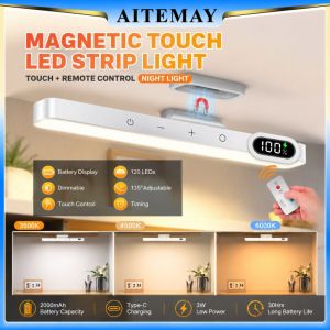 Aitemay 1/2pcs LED Night Light Magnetic Rechargeable 2000mAh Battery Display Touch Remote Control Dimmable Under Cabinet Lamp For Bedroom Closet Wardrobe