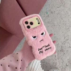 Cartoon Angry Face Expression Fluffy Plush Phone Case For iPhone Air 11 12 14 13 15 16 17 Pro Max Lens Bracket Shockproof Cover