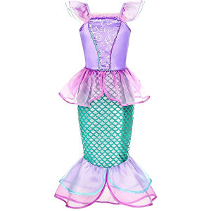 Mermaid Summer Dress Princess Costume With Crown Necklace Accessories Set For Girls Kids Carnival Birthday Party Prom Stage