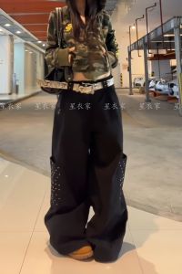 Retro American Design Rivet Patchwork Pocket Workwear Pants Womens Loose BF Lazy Style Floor-Length Jeans High Waist Denim