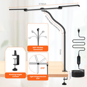 3 Heads Clip on Lamp 5 Color Modes Dimmable Clip Light Flexible Neck Reading Lamp High Brightness Study Light for Bedroom Office