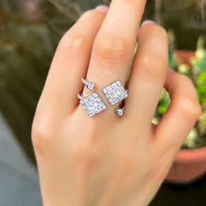 SEQUITO Noble Women Adjustable Finger Jewelry Silver Plated Pave Setting Square Cut AAAAA Cubic Zirconia Sparkling Open Cuff Dancing Party Ring SR136