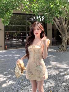 Summer 2024 New Flowery Fashion Dress for Women French Style Waist-Tying Chiffon Slip Skirt With Lotus Leaf Edge and Hollow Out Tea Break Wrap Around Skirt