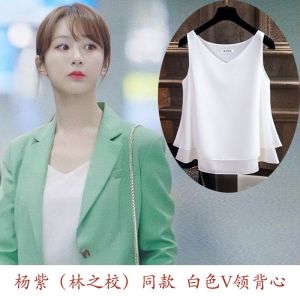 Womens V-neck Loose-fitting Tank Top Summer Spring White Base Layer Shirt Sleeveless Lace Trim Polyester Blend Casual Wear