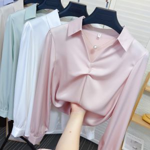 Necklace V Neck Loose Silk Long Sleeves Shirt Womens Spring and Autumn Elegant Professional Top Acetate Satin Base Shirt