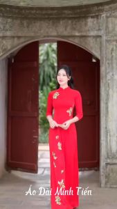 Áo Dài Lụa Mỹ Cao Cấp Họa Tiết Thêu Thủ Công Tỉ Mỉ - Mã M8-1 Màu Đỏ