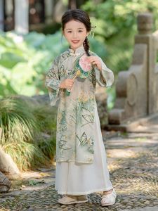 New Chinese Style Girls Cheongsam Dress Hanfu Childrens Outfit Autumn 2024 Floral Print Traditional Ethnic Clothing Set for Girls