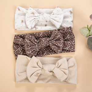 3Pcs/Lot Cream Color Mini Flower Print Bows Headbands Baby Girls Topknotted Headwraps Kid Korean Soft Ribbed Elastic Hairbands