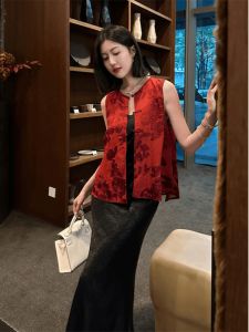 Elegant New Chinese Red Vest Strap Dress Two-Piece Set Womens Fashion Summer 2025 Polyester Fiber round Neck Button Style
