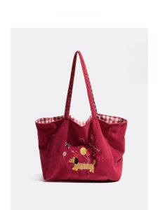 MABULA | Red Embroidered Dachshund Shoulder Bag Winter New Casual Large Capacity Tote Bag