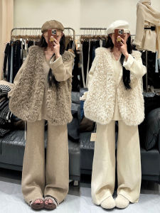 XUECAIQI | Korean Stylish Casual Winter Three-Piece Fur Vest Sweater Pants Set