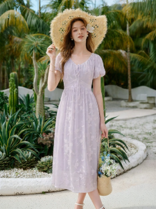 XIANGYING | French Style Puffed Sleeve V-Neck Waist Shaping Long Dress