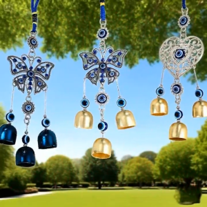 Blue Butterfly and Heart Wind Chime with 3 Bells Indoor Outdoor Garden Lucky Metal Wind Bell Decor