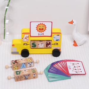 📚🚌 [พร้อมส่ง] ชุดของเล่นไม้ฝึกอ่านคำภาษาอังกฤษ บล็อกหมุน + การ์ดคำศัพท์  ฝึกสะกด– Wooden Reading Blocks Toy Set