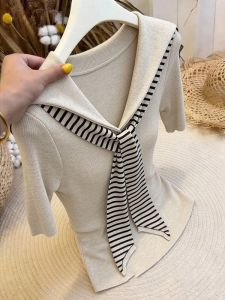 TIANANQI | Design Navy Collar Striped V-Neck T-Shirt