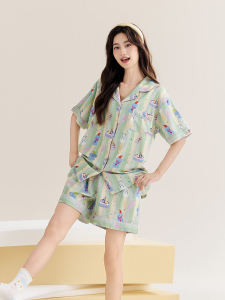 Chata Town 2024 ใหม่ ฤดูร้อน บาง ผ้าฝ้าย แขนสั้น ชุดนอน ผู้หญิง ชุดอยู่บ้าน การ์ตูน พิมพ์สบาย ระบายอากาศได้ดี