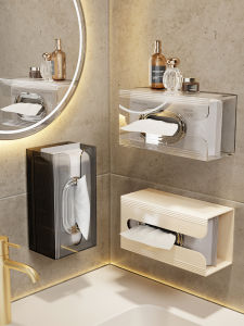 Wall-Mounted Tissue Box Bathroom Toilet Face Towel Storage Box Kitchen No-Punching Tissue Paper Drawer Roll Paper Holder