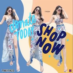 Set 2 ชิ้น เสื้อเกาะอก สายคล้องคอ+กางเกงกระโปรงยาว TT17422