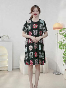 Summer Floral Print Dress Womens Long Short Sleeve round Neck Commute Straight Skirt Casual Lightweight Maxi Dress