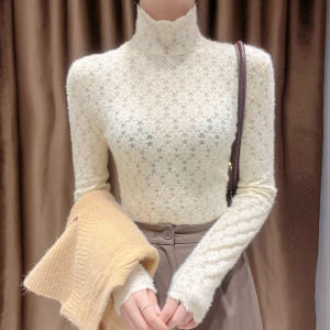 chaqi | Lace Long Sleeve Fleece Lined Thickened Womens Base Shirt Half High Collar Fashionable Stylish Inner Wear Korean Style Commute