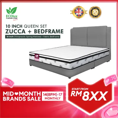 ECOlux - FULL SET QUEEN UPGRADED Zucca 10 Inch Chiropractic Spring Mattress + Bedframe Fabric | FREE 2x HOTEL PILLOW | Set Tilam Katil
