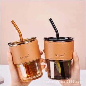 MJ88 Tumbler Kaca 400ml Gelas Minum Kaca Bening Aesthetic Coffee Cup Anti Tumpah / Gelas tumbler Aesthetic Gelas Minum Kaca Simple Elegan Water Bottle Cup For Coffee /Gelas Kaca Dengan Penutup / Gelas Serbaguna /Gelas Kaca Tumbler Super Murah