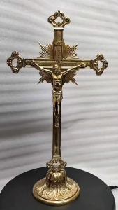 14.75 Inch Solid Brass Catholic Crucifix Standing Cross Polished Brass Church Altar Decor I BAck to Back Corpus