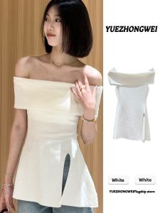 YUEZHONGWEI | White Slim-Fitting Ice Silk Knit Top with Slit and Off-Shoulder Design