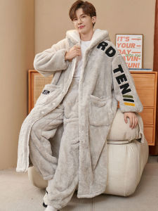 Long Coral Fleece Sleepwear Mens plus Size Winter Leisure Home Clothes Bath Robe Teenage Style Warm Thermal Hooded Pajamas