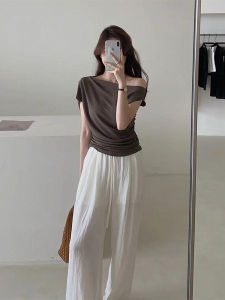 Shoulder Bared One-Shoulder Knitted Short Sleeve T-Shirt Womens Summer Design Unique Pleated Mini Top Sweet And Spicy Style