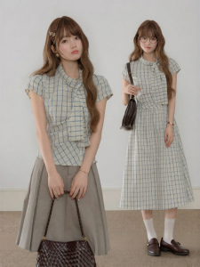 loveheynew | Đầm Dáng Vintage Mùa Hè Tay Ngắn Cổ Plaid Thời Trang