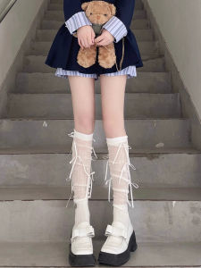 White Thin Summer Ballet Style Socks with Bow Knot Splicing Grey Long Socks for Women Knee High Matching with Small Leather Shoes