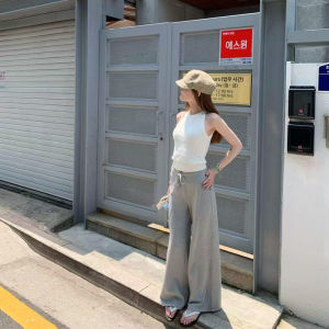 YUEZHONGWEI | Cobalt Blue High Waist Loose Fit Straight Leg Drawstring Wide Leg Long Pants Womens Summer Casual Trousers Korean Style