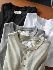 Summer New American Retro Henley Shirt Short-Sleeved T-shirt Mens Amekaji Pure Cotton Solid Color Heavy Washed T-shirt