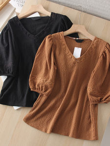 Lace Hollow out Splice V-neck Slimming Loose Lantern Sleeve Short Sleeve T-shirt Textured Womens Summer 2025 New Style