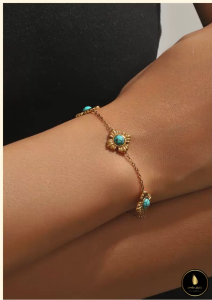 Glozzo flower bracelet with turquoise flower charms. Adjustable chain elegant design suitable for casual or formal wear. Perfect for everyday or special occasions.