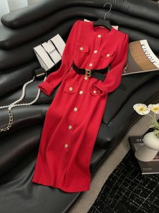 Shiny Thread Long Sleeve round Neck Dress Mid-Length Inner Wear Red Dress Autumn Winter Formal Wear High Waist Knitted H-Style