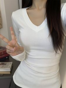 Áo Thun Nữ Cổ Chữ V Màu Trắng Dài Tay Ôm Vừa Vặn Thời Trang Thu Đông Màu Trơn Mặc Trong Quần Áo Công Sở Thường Ngày