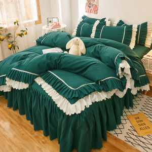4 Bộ PC ruffles da thân thiện Quilt cover Duvet cover Comforter cover vỏ gối tấm ga trải giường màu vàng/xanh/đỏ/màu hồng đồng bằng nhuộm Váy ngủ 120/150/180/200 trang trí Váy Ngủ Bộ đồ giường/Bộ vỏ chăn ga gối