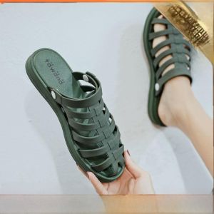 รองเท้าแตะส้นแบนแบบสวมสำหรับผู้หญิง ใส่กลางแจ้งได้ รองเท้าแตะชายหาดกันลื่นในฤดูร้อน รองเท้าแตะพื้นยาง สไตล์ลำลอง รองเท้าแตะพื้นยาง